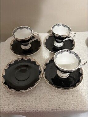 Grace Teaware, Set of 3 Espresso Cups & Saucers,  Black & Gold + 1 Extra Saucer